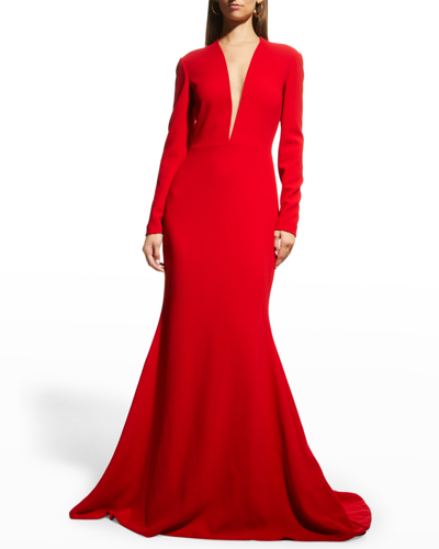 Romona Keveza Plunging Illusion Mermaid Gown In Red