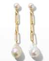 Margo Morrison Baroque Pearl Drop Earrings With Paperclip Chain In Whpl
