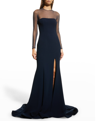 Romona Keveza Thigh-slit Silk Crepe Illusion Gown In Navy
