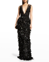 NAEEM KHAN PLUNGING FEATHER COLUMN GOWN