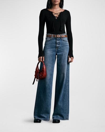 Rag & Bone Carrie Lace-front Ribbed Long-sleeve Tee In Black