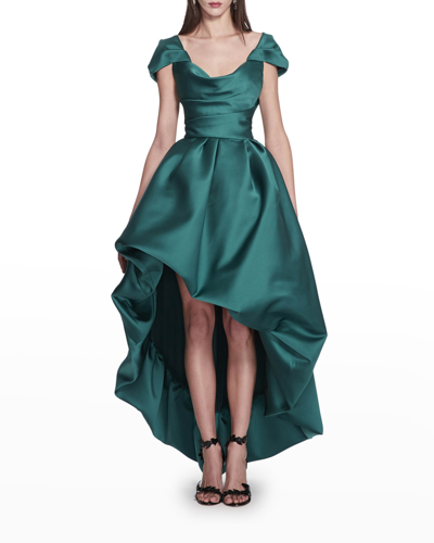 Marchesa Draped Duchess Satin High-low Gown In Emerald