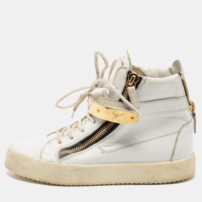Pre-owned Giuseppe Zanotti White Leather Double Zipper High Top Sneakers Size 38
