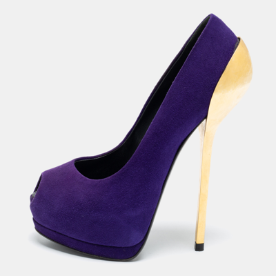 Pre-owned Giuseppe Zanotti Purple Suede Nana Metal Peep-toe Platform Pumps Size 36