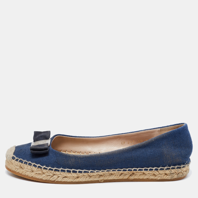 Pre-owned Ferragamo Blue Denim Mandy Espadrille Flats Size 40.5