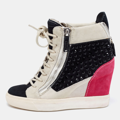 Pre-owned Giuseppe Zanotti Multicolor Crystal Embellished Suede Wedge Sneakers Size 36