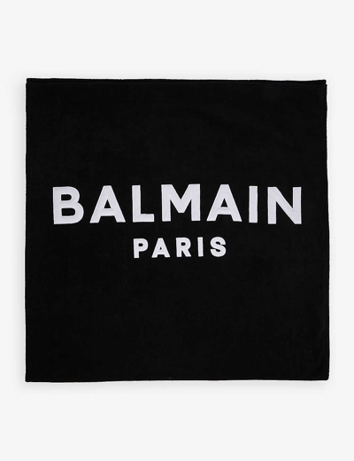 Balmain Brand-embroidered Rectangular Cotton Beach Towel 180cm X 95cm In Black White