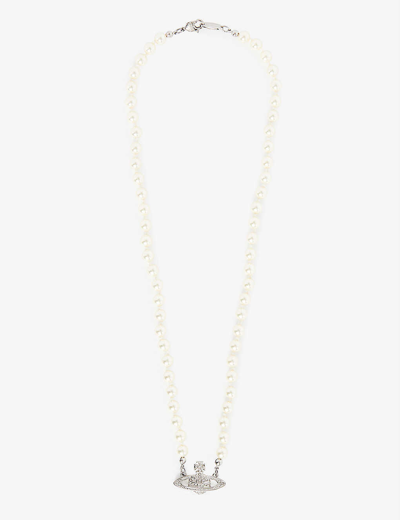 Vivienne Westwood Bas Relief Orb Mini Silver-toned Brass And Pearl Necklace In Platinum/cream/crystal