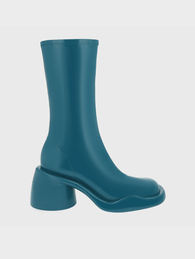 Charles & Keith Lula Patent Chunky Heel Calf Boots In Turquoise