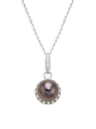 Tara Pearls Women's 14k White Gold, 9-10mm Round Tahitian Cultured Pearl & Diamond Necklace