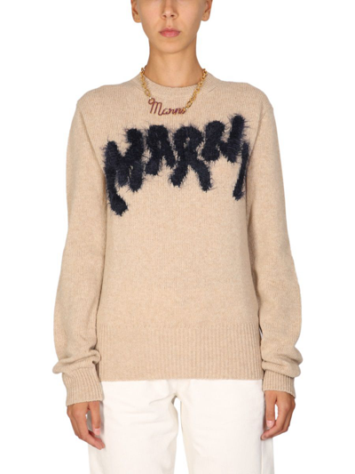 Marni Beige Jumper With Logo Embroidery