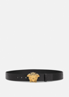 Versace La Medusa Greca Leather Belt In Black