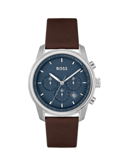 Hugo Boss Blue-dial Chronograph Watch With Brown Leather Strap Men's Watches In Assorted-pre-pack