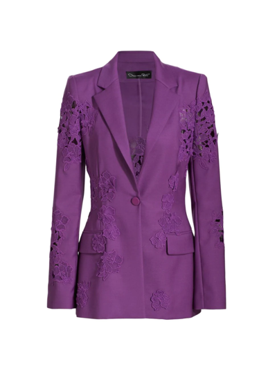 Oscar De La Renta Floral Guipure Inset Single-breasted Blazer In Hyacinth