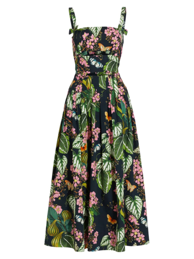 Oscar De La Renta Pleated Botanical Print Cutout Stretch Cotton Midi Dress In Multi