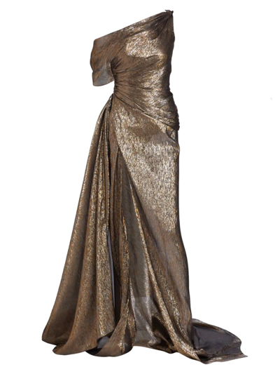 Oscar De La Renta Draped Metallic Lame Mousseline Gown In Dark Gold