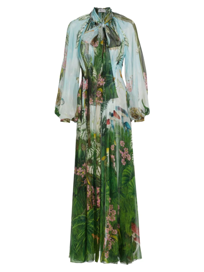 Oscar De La Renta Tie-neck Pintucked Printed Silk-chiffon Gown In Green Multi