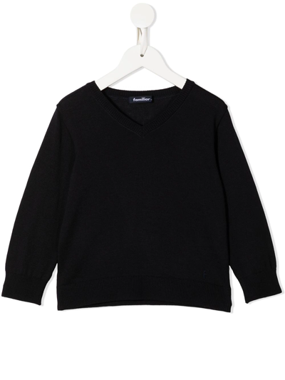 Familiar Kids' Ribbed-knit V-neck Sweater In Black
