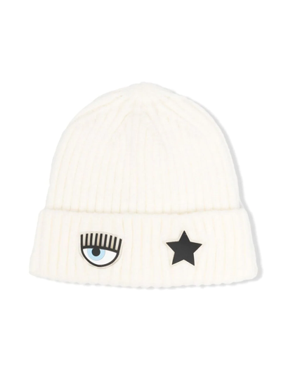 Chiara Ferragni Kids' Wink Patch Knitted Beanie In White