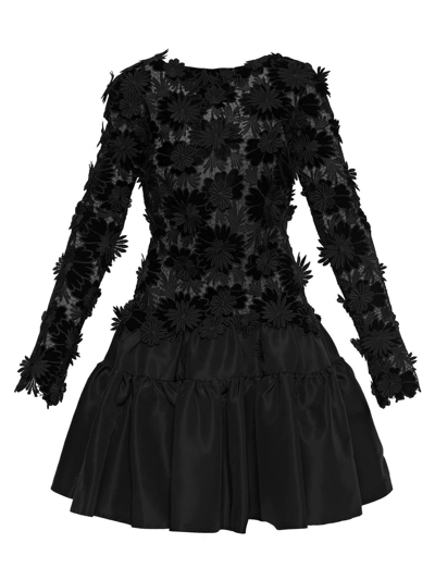 Oscar De La Renta Floral Appliqué High-neck Minidress In Black