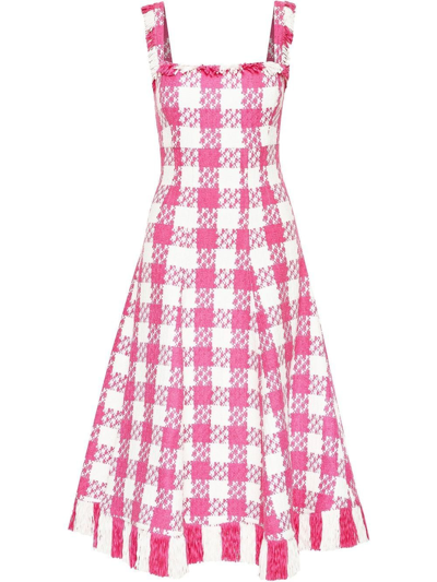 Oscar De La Renta Sleeveless Fringe Checkered Tweed Dress In Pink/ivory