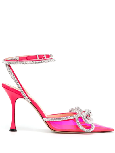 Mach&mach Double Bow Crystal-embellished Neon Pvc And Patent-leather Pumps In Pink