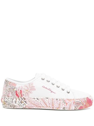 Ferragamo Floral-print Lace-up Sneakers In White