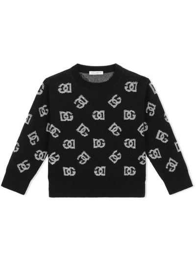 Dolce & Gabbana Kids' Round-neck Sweater With Jacquard Dg Logo In Multicolor
