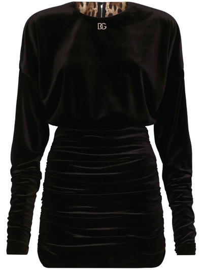 Dolce & Gabbana Short Draped Velvet Dress With Dg Logo In Black