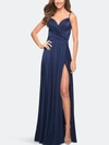 La Femme Elegant Criss-cross Ruched Bodice Jersey Dress In Blue