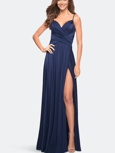 La Femme Elegant Criss-cross Ruched Bodice Jersey Dress In Blue