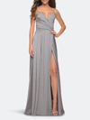 La Femme Elegant Criss-cross Ruched Bodice Jersey Dress In Grey