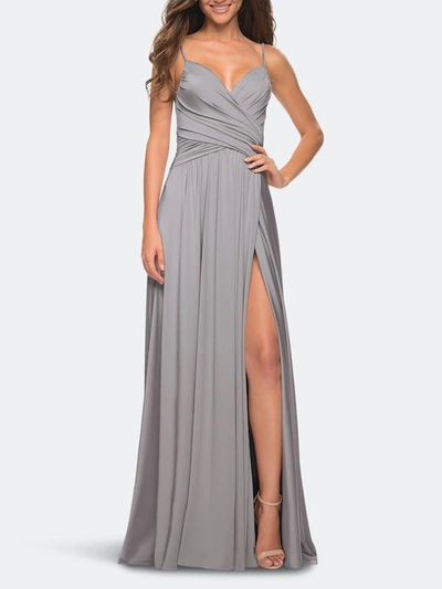 La Femme Elegant Criss-cross Ruched Bodice Jersey Dress In Grey
