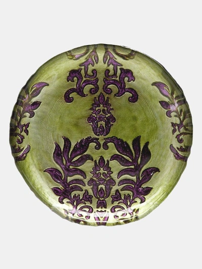 Red Pomegranate Collection Damask Set/4 6.5" Gilded Glass Canapé Plates In Green