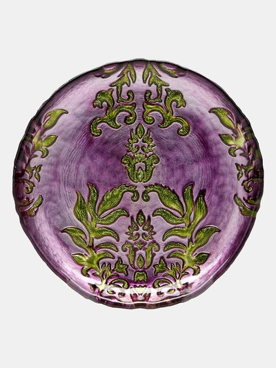 Red Pomegranate Collection Damask Set/4 6.5" Gilded Glass Canapé Plates In Purple