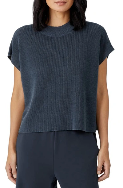 Eileen Fisher Mock Neck Organic Linen & Cotton Short Sleeve Sweater In Ocean
