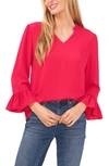 Cece Ruffle Cuff Crepe Top In Bright Geranium