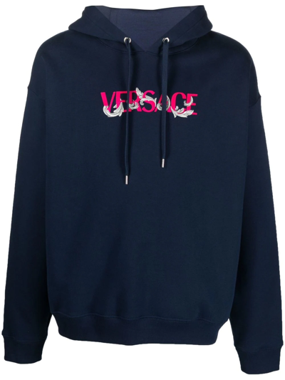 Versace Logo-embroidered Drawstring Hoodie In Blau