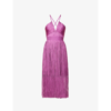 Herve Leger Fringe-overlay Asymmetric-hem Recycled-rayon Blend Midi Dress In Azalea