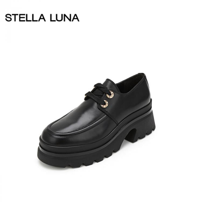 Stella Luna 女鞋2022年春夏新款一脚蹬英伦鞋系带牛皮厚底乐福鞋 In Black