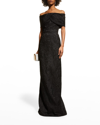 Rickie Freeman For Teri Jon Off-shoulder Jacquard Column Gown In Gold