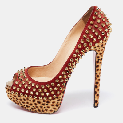 Pre-owned Christian Louboutin Tri-color Suede And Leopard Print Calf Hair Lady Peep Spikes Platform Pumps Size 36.5 In Red