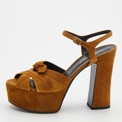 Pre-owned Saint Laurent Brown Suede Ankle Strap Platform Sandals Size 38