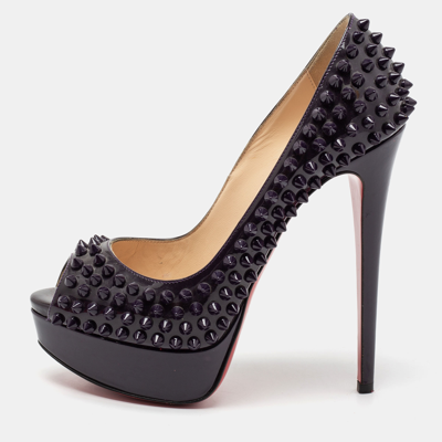 Pre-owned Christian Louboutin Dark Purple Patent Leather Lady Peep-toe Spiked Platform Pumps Size 36