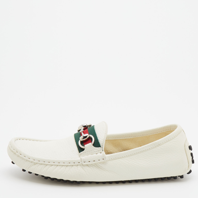Pre-owned Gucci White Leather Web Horsebit Slip On Loafers Size 36.5