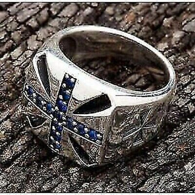 Pre-owned Silver_hub Natural Blue Sapphire Gemstone 925 Sterling Silver Cross Men's Ring Q375