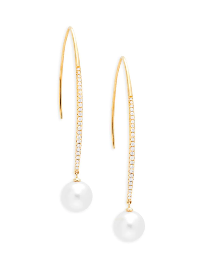 Tara Pearls Women's 18k Yellow Gold, 11mm-12mm Round Freshwater Pearl & Diamond Drop Earrings