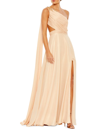 Mac Duggal Float One Shoulder Open Back Flowy Gown In Gold Nude