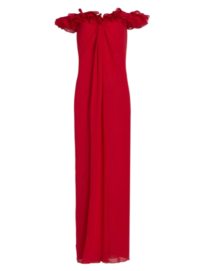 Giambattista Valli Off-the-shoulder Pleated Silk-georgette Dress In Red Currant
