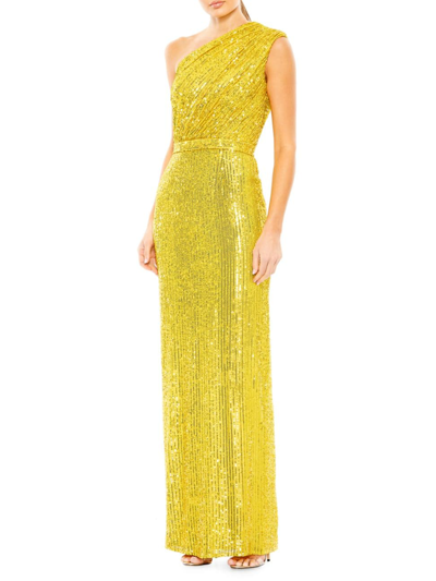 Mac Duggal Sequined Ruched One Shoulder Gown In Yellow